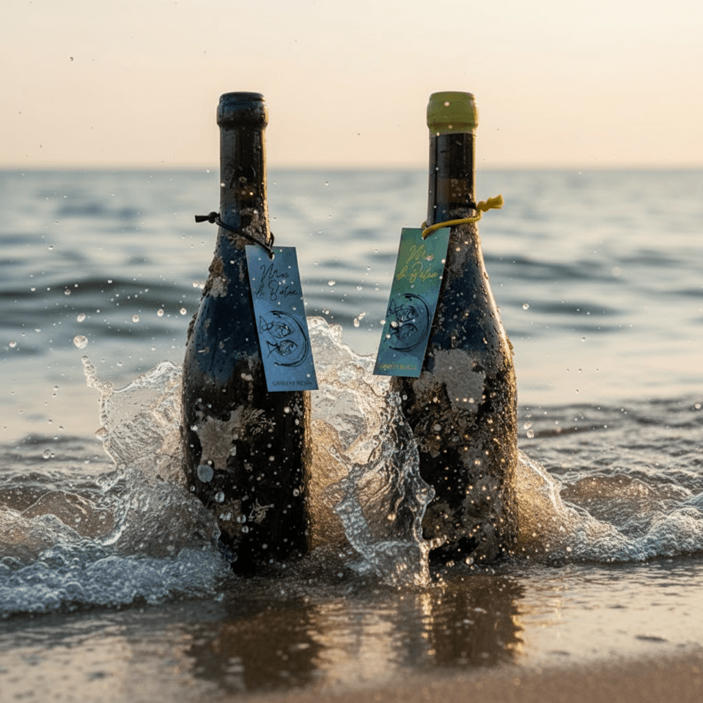 Hai chai Mar de Batea Blanc và Mar de Batea Negre của Celler La Botera trồi lên từ Địa Trung Hải, phủ cát và dấu vết sinh vật biển.