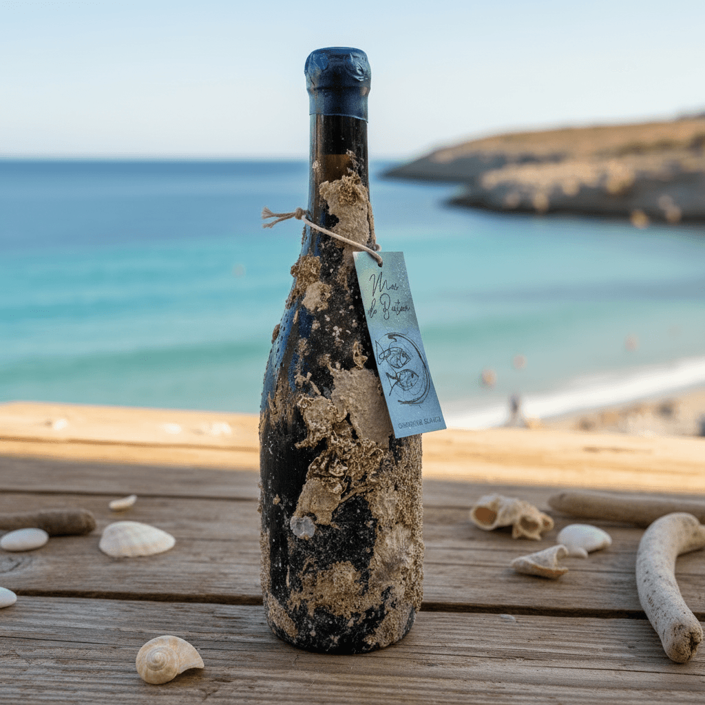 Chai rượu vang ủ dưới biển của Celler La Botera thuộc dòng Mar de Batea, phủ trầm tích biển và trưng bày bên bờ Địa Trung Hải.
