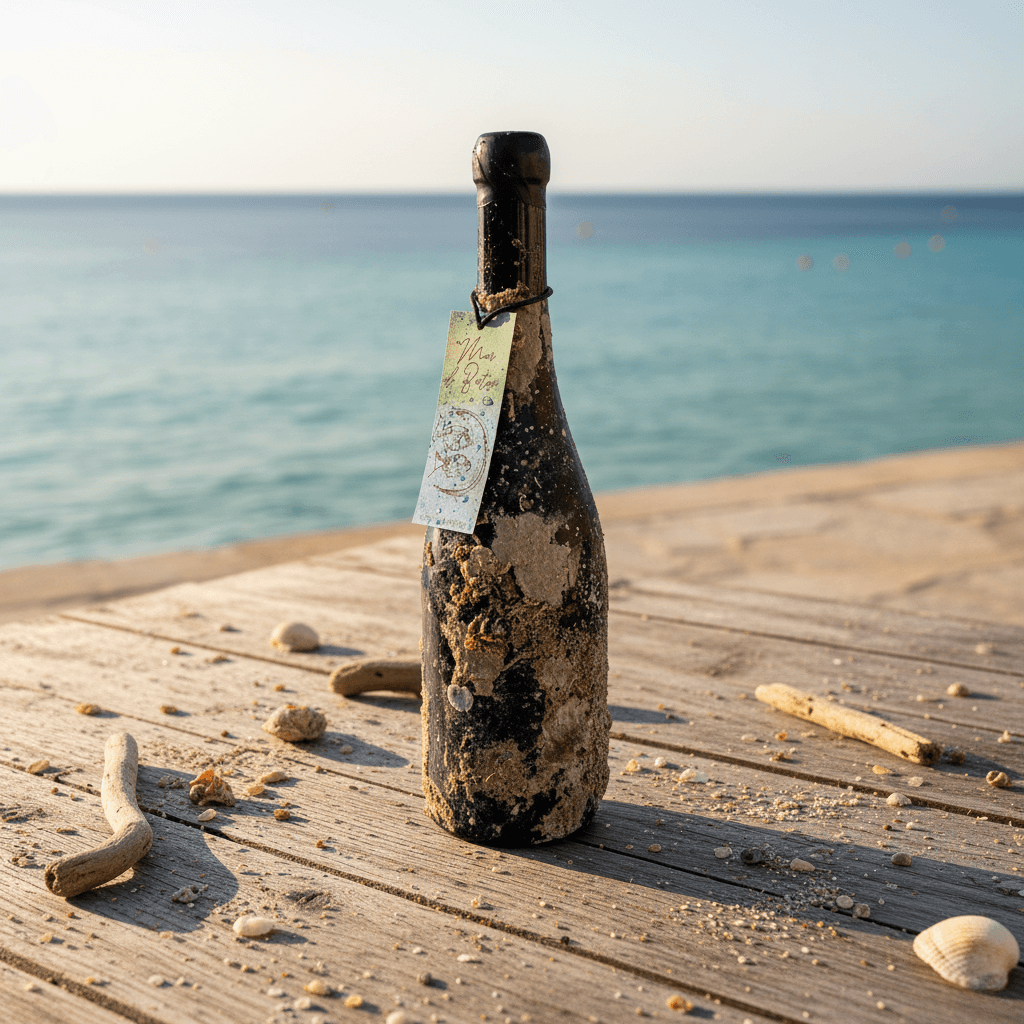 Mar de Batea - Chai rượu vang ủ dưới biển của Celler La Botera phủ trầm tích biển, đặt trên cầu gỗ bên bờ Địa Trung Hải.