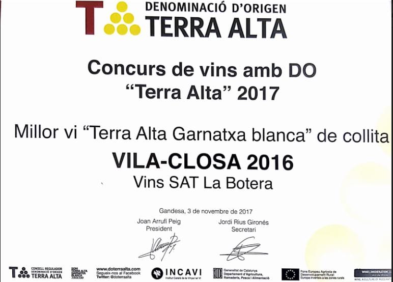 Vila-Closa Blanc Terra Alta 2017 Award